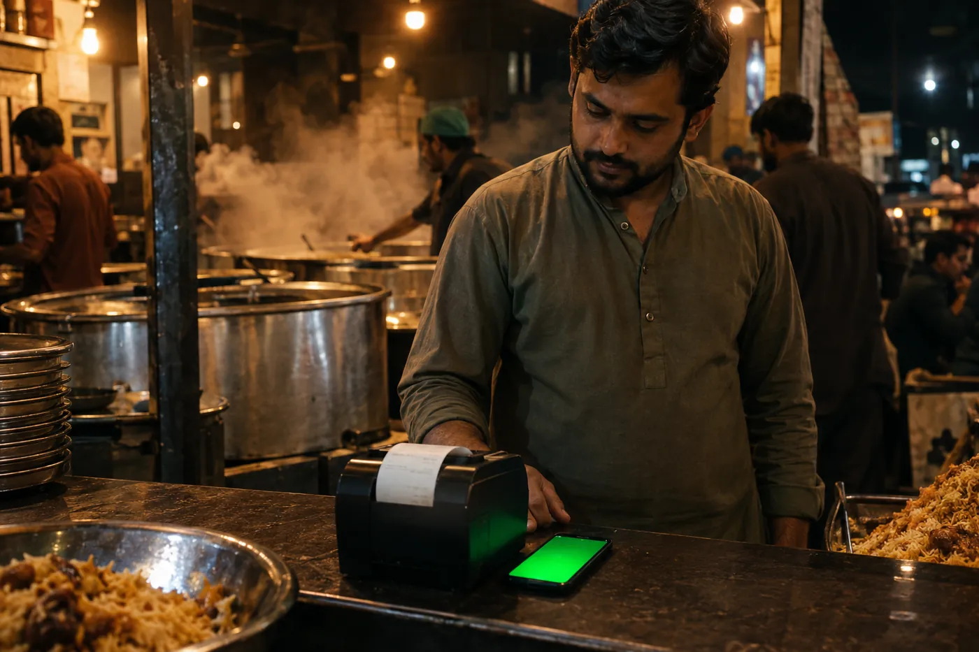 Restaurant counter at night with a kitchen printer printing a WhatsApp order