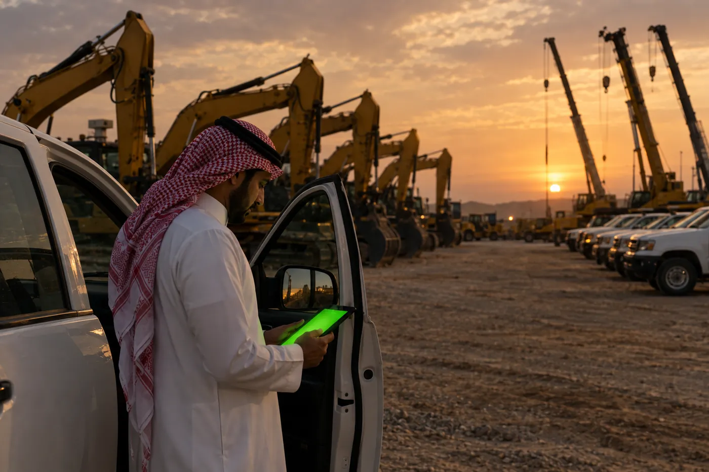 Operations manager checking fleet status on a tablet at an equipment yard in Saudi Arabia
